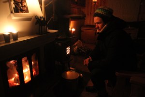 Waiting for the cabin to warm up.