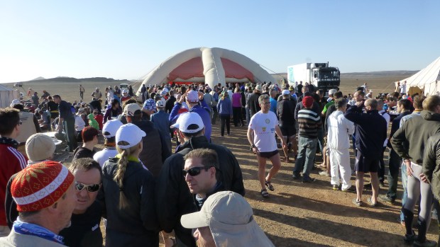 Dinner queue at the bivouac during the first evening