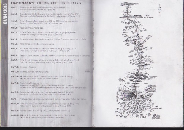 Our roadbook showing Stage 1 with the details on the left and a map to the right.