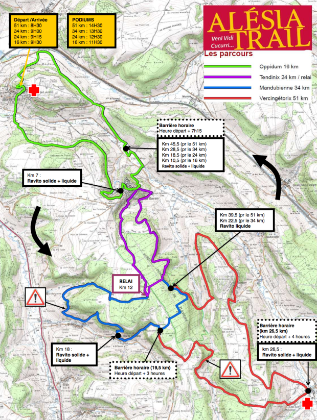 Oppidum is marked in green while Vercingetorix is marked in red (including all of the other colours as well), the course being run counter-clockwise.