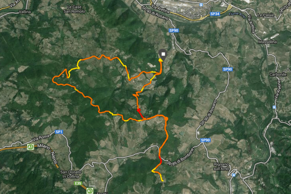 Starting at the little white square at 2 o'clock and then running counter-clockwise until around 5 o'clock and then running due south for the detour. The red part is the Haunted Forest.
