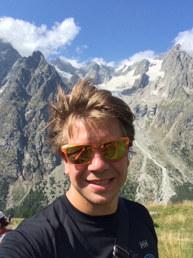 Jakob in Italy with the Mont Blanc massif in the background.